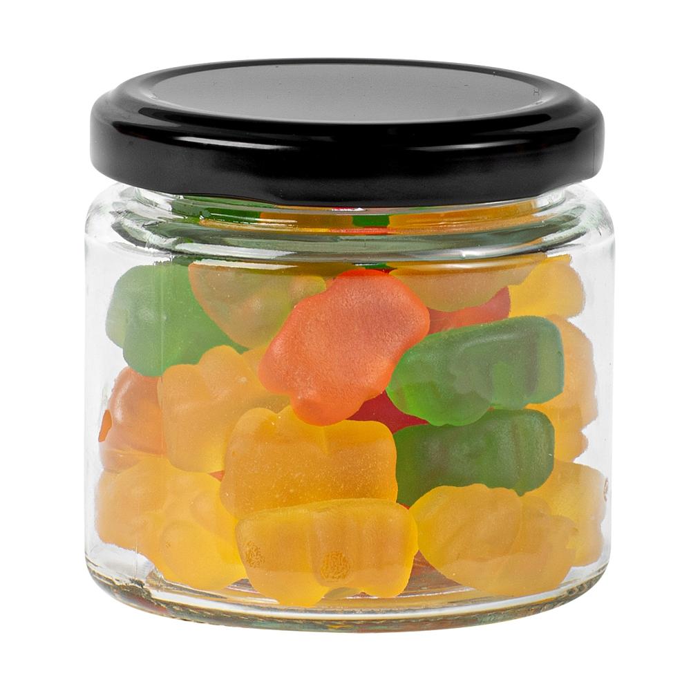 restaurantware Vetri 6 oz Clear Glass Jar - with Black Metal Lid - 2 3/4" x 2 3/4" x 2 1/2" - 100 count box