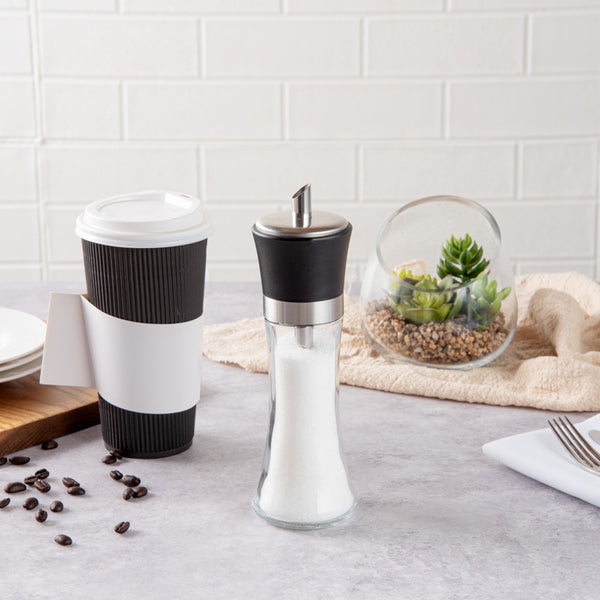 Restaurantware Vetri 6 Oz Glass Sugar Dispenser - With Pouring Spout Black Lid - 1 3/4" X 1 3/4" X 5 3/4" - 1 Count Box