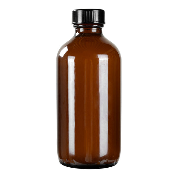 Restaurantware Vetri 8 Oz Boston Round Amber Glass Bottle - With Black Phenolic Cap - 2 1/2" X 2 1/2" X 5 1/2" - 12 Count Box