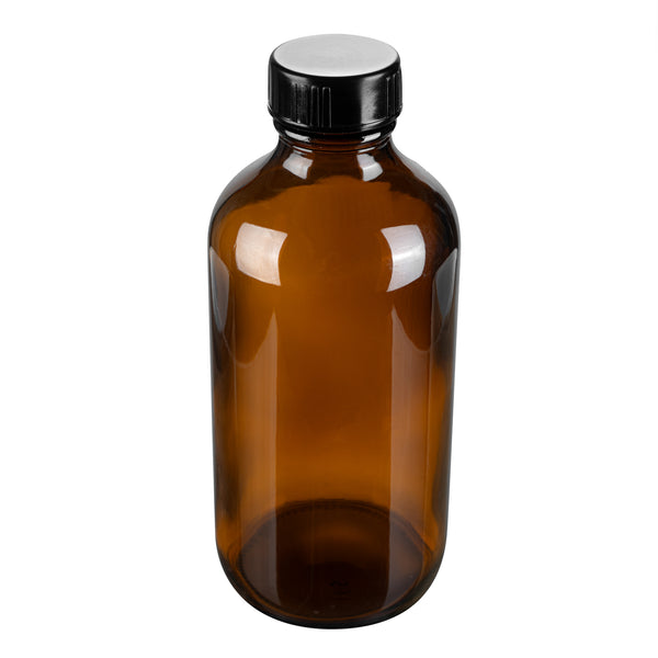 Restaurantware Vetri 8 Oz Boston Round Amber Glass Bottle - With Black Phenolic Cap - 2 1/2" X 2 1/2" X 5 1/2" - 12 Count Box