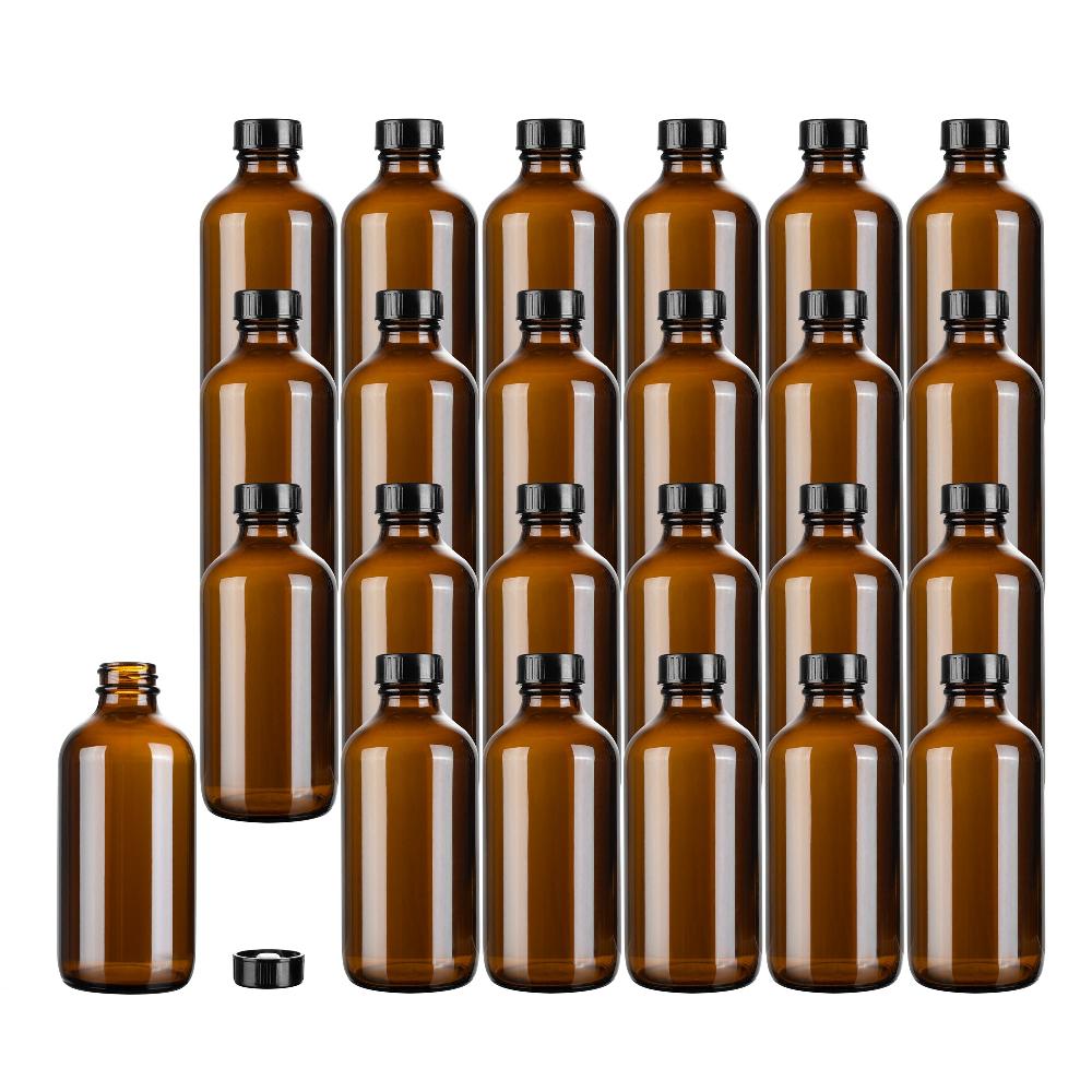 restaurantware Vetri 8 oz Boston Round Amber Glass Bottle - with Black Phenolic Cap - 2 1/2" x 2 1/2" x 5 1/2" - 12 count box
