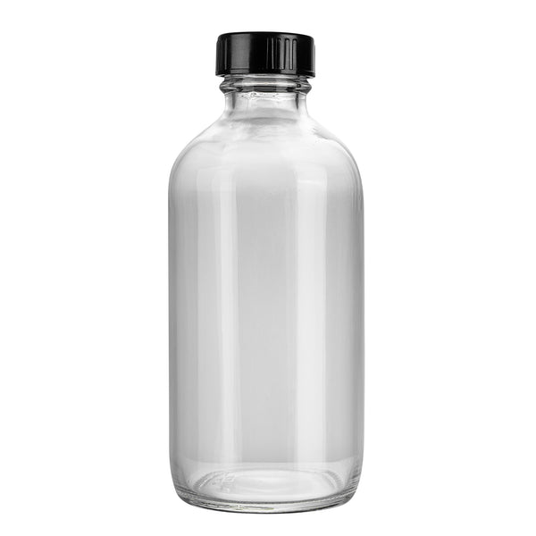 Restaurantware Vetri 8 Oz Boston Round Clear Glass Bottle - With Black Phenolic Cap - 2 1/2" X 2 1/2" X 5 1/2" - 12 Count Box