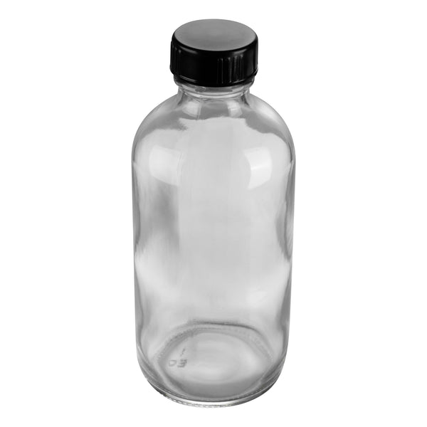 Restaurantware Vetri 8 Oz Boston Round Clear Glass Bottle - With Black Phenolic Cap - 2 1/2" X 2 1/2" X 5 1/2" - 12 Count Box