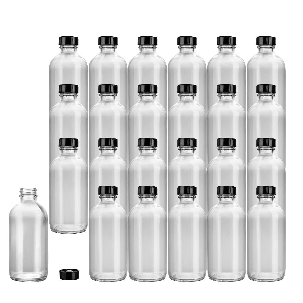restaurantware Vetri 8 oz Boston Round Clear Glass Bottle - with Black Phenolic Cap - 2 1/2" x 2 1/2" x 5 1/2" - 12 count box