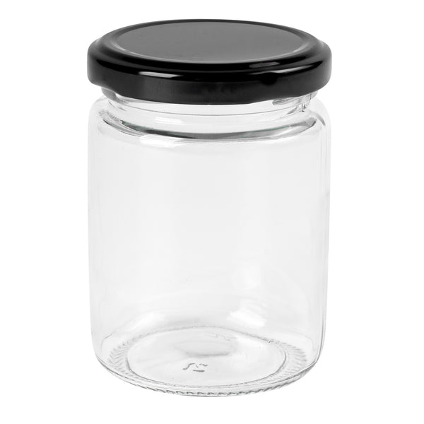 Restaurantware Vetri 8 Oz Clear Glass Jar - With Black Metal Lid - 2 3/4" X 2 3/4" X 3 3/4" - 100 Count Box