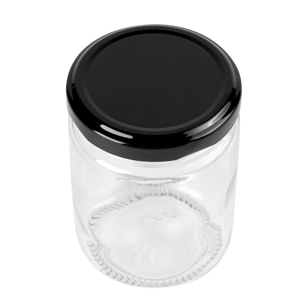 Restaurantware Vetri 8 Oz Clear Glass Jar - With Black Metal Lid - 2 3/4" X 2 3/4" X 3 3/4" - 100 Count Box