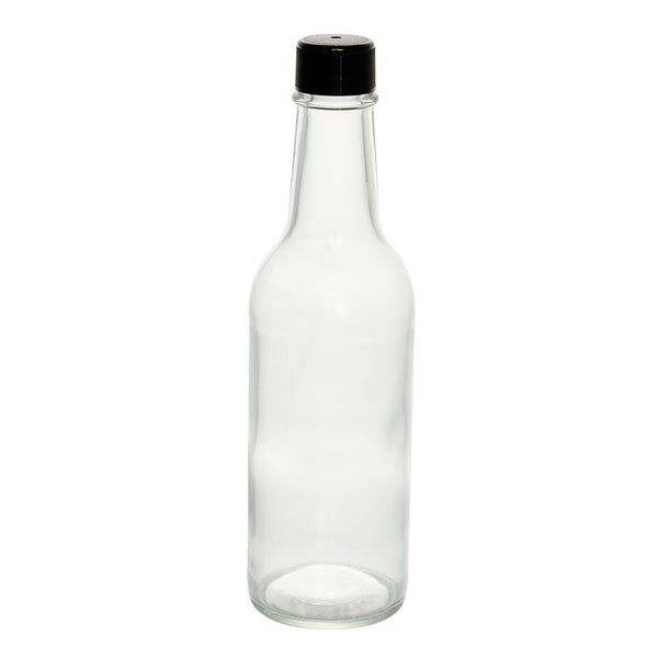 Restaurantware Vetri 9 Oz Glass Woozy Bottle - With Black Cap - 2 1/4" X 2 1/4" X 7 3/4" - 10 Count Box