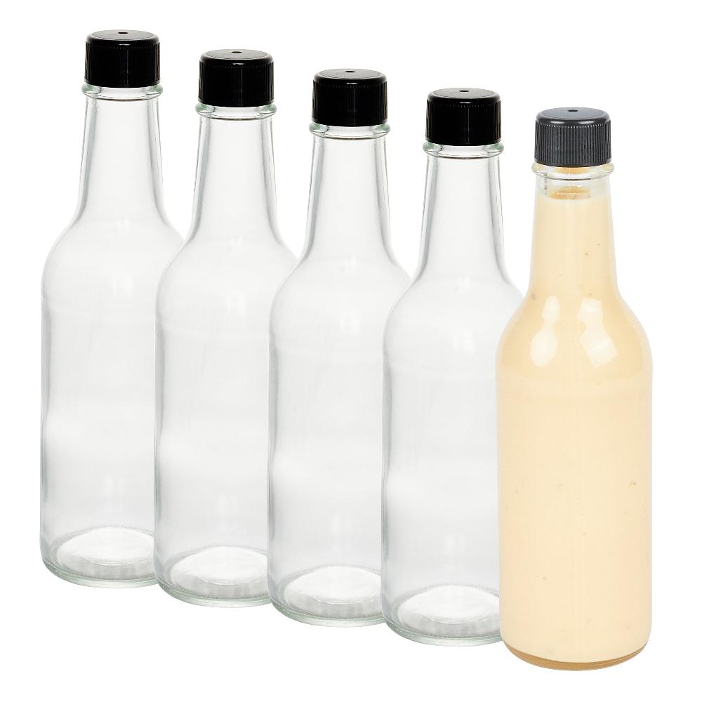 restaurantware Vetri 9 oz Glass Woozy Bottle - with Black Cap - 2 1/4" x 2 1/4" x 7 3/4" - 10 count box