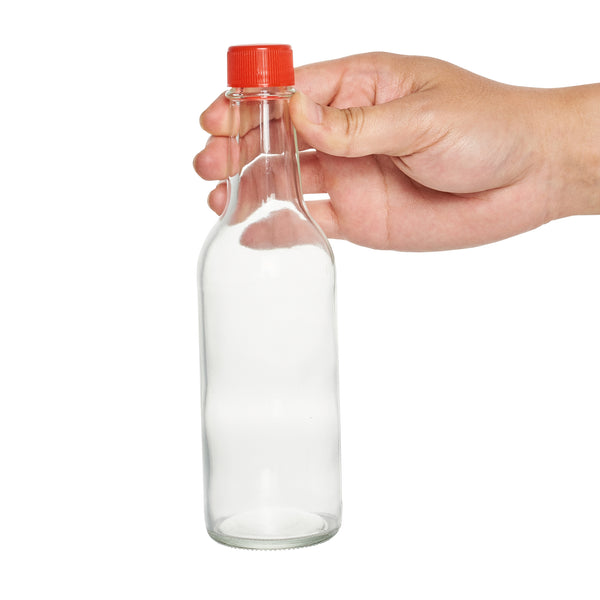 Restaurantware Vetri 9 Oz Glass Woozy Bottle - With Red Cap - 2 1/4" X 2 1/4" X 7 3/4" - 10 Count Box