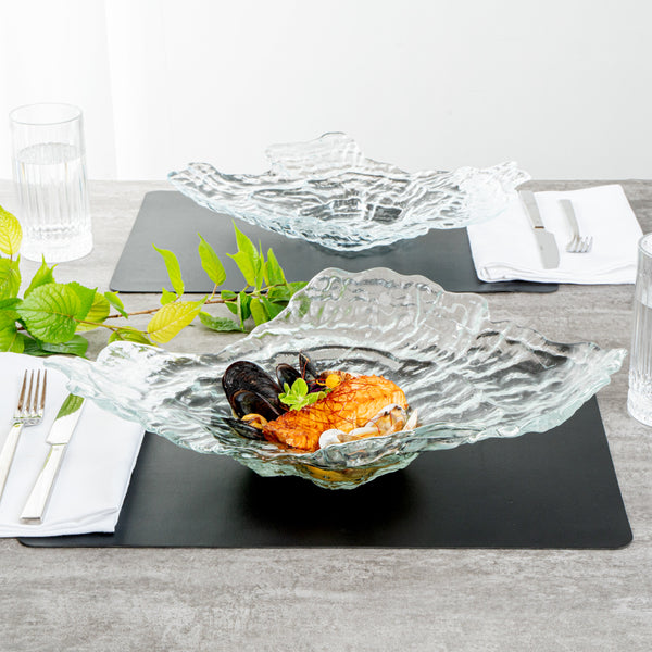 Restaurantware Vetri Abstract Clear Glass Seashell Serving Plate - 18" X 13 1/2" X 3 3/4" - 4 Count Box