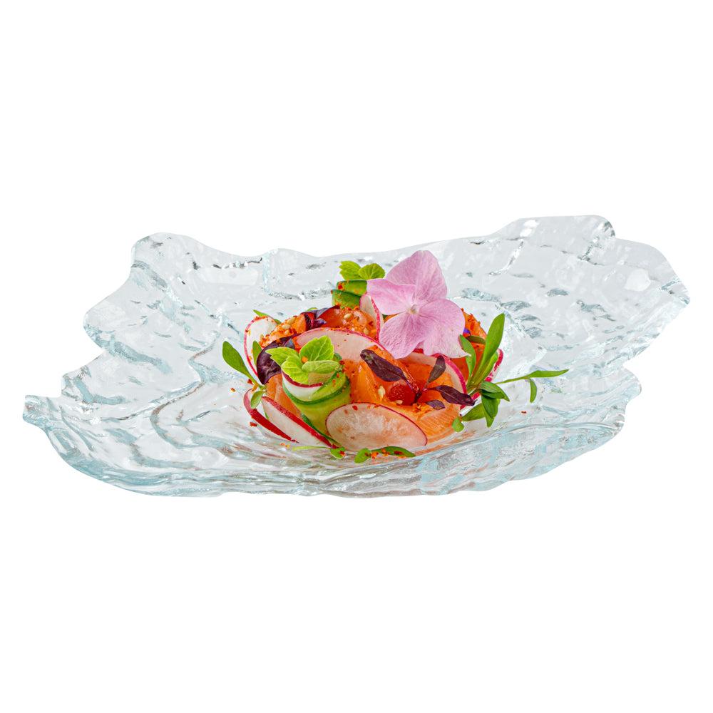 restaurantware Vetri Abstract Clear Glass Seashell Serving Plate - 8 3/4" x 6 3/4" x 1 3/4" - 6 count box