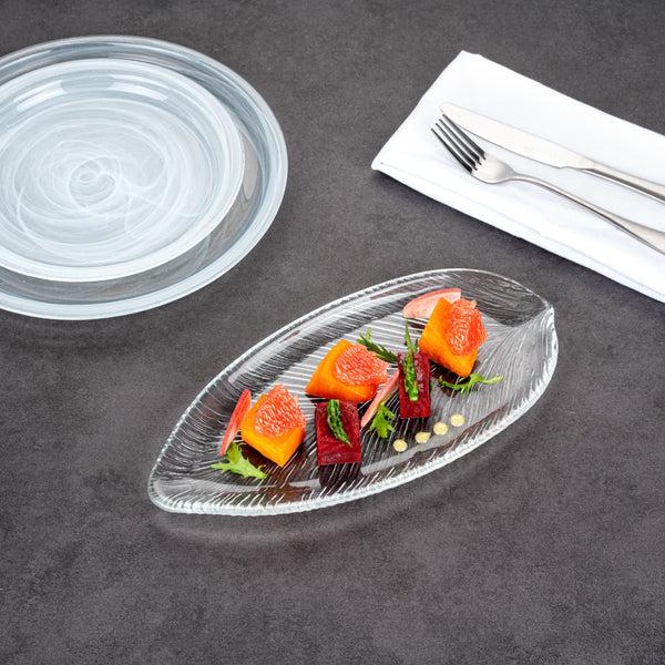 Restaurantware Vetri Clear Glass Leaf Serving Plate - 11 3/4" X 5 1/2" X 3/4" - 6 Count Box