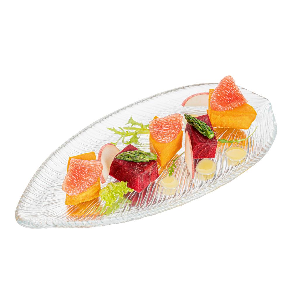 restaurantware Vetri Clear Glass Leaf Serving Plate - 11 3/4" x 5 1/2" x 3/4" - 6 count box