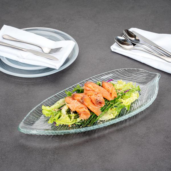 Restaurantware Vetri Clear Glass Leaf Serving Plate - 17" X 7 3/4" X 1 1/4" - 6 Count Box