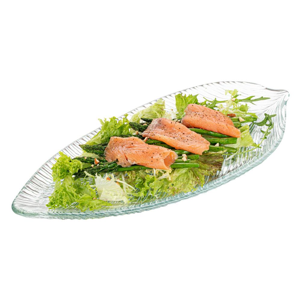 restaurantware Vetri Clear Glass Leaf Serving Plate - 17" x 7 3/4" x 1 1/4" - 6 count box
