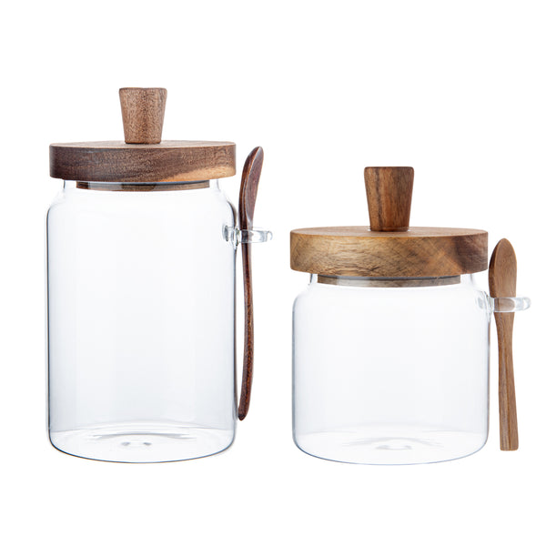 Restaurantware Vetri Glass 2-Piece Storage Jar Set - 17 Oz And 27 Oz With Acacia Lid And Spoon - 1 Count Box