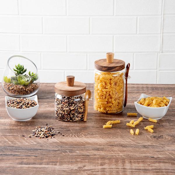 Restaurantware Vetri Glass 2-Piece Storage Jar Set - 17 Oz And 27 Oz With Acacia Lid And Spoon - 1 Count Box