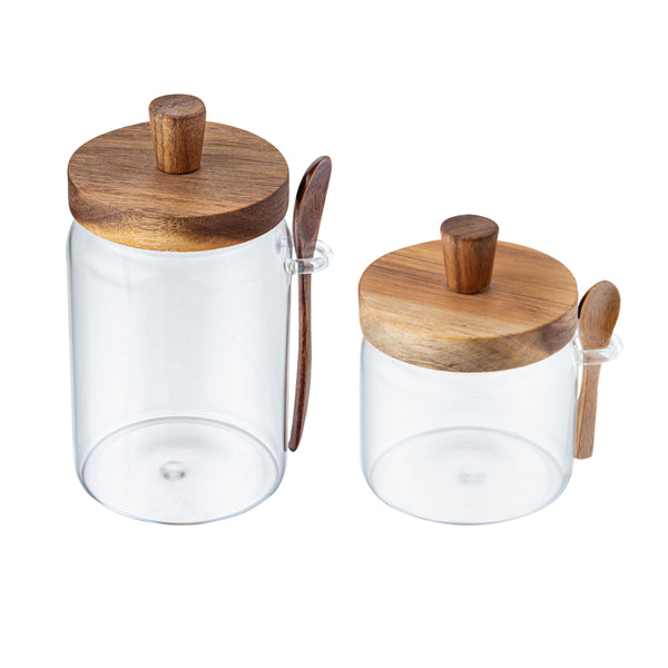 Restaurantware Vetri Glass 2-Piece Storage Jar Set - 17 Oz And 27 Oz With Acacia Lid And Spoon - 1 Count Box