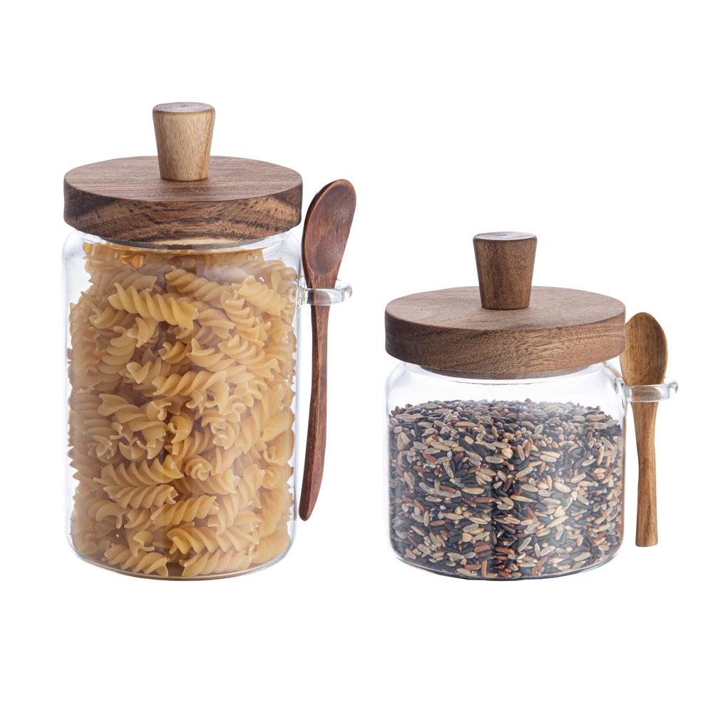 restaurantware Vetri Glass 2-Piece Storage Jar Set - 17 oz and 27 oz with Acacia Lid and Spoon - 1 count box