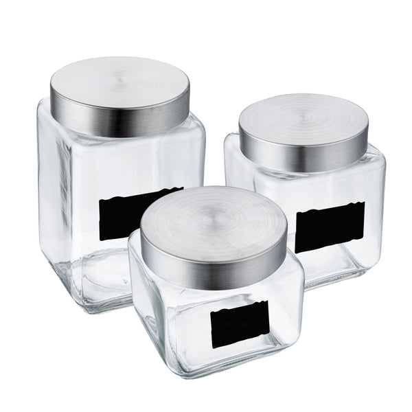 Restaurantware Vetri Glass 3-Piece Storage Jar Set - With Lid Chalkboard Label - 1 Count Box