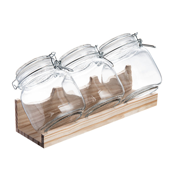 Restaurantware Vetri Glass 3-Piece Storage Jar Set - With Wood Holder - 1 Count Box
