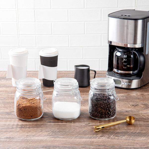 Restaurantware Vetri Glass 3-Piece Storage Jar Set - With Wood Holder - 1 Count Box