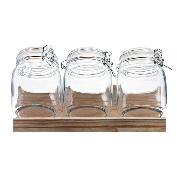 Restaurantware Vetri Glass 3-Piece Storage Jar Set - With Wood Holder - 1 Count Box