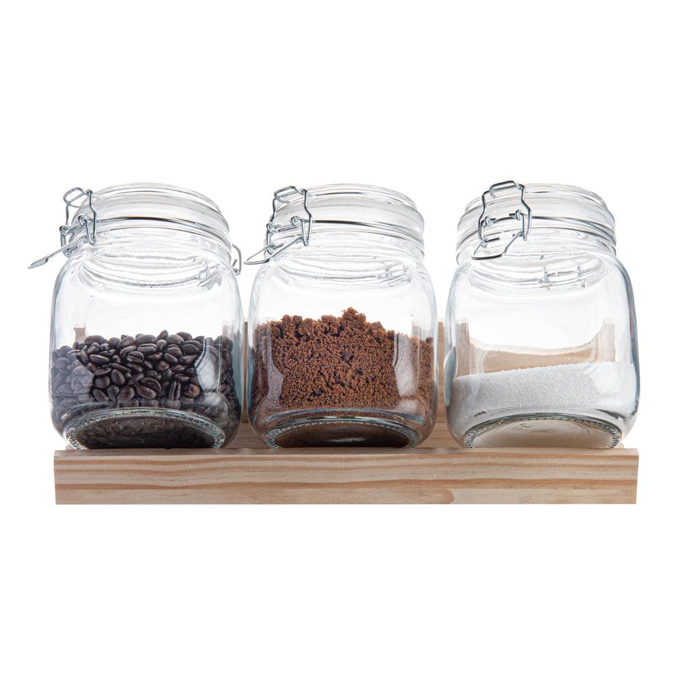 restaurantware Vetri Glass 3-Piece Storage Jar Set - with Wood Holder - 1 count box