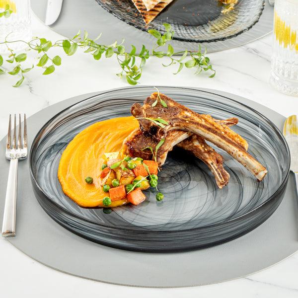 Restaurantware Vetri Round Black Glass Alabaster Plate - 11" X 11" X 1 1/4" - 6 Count Box