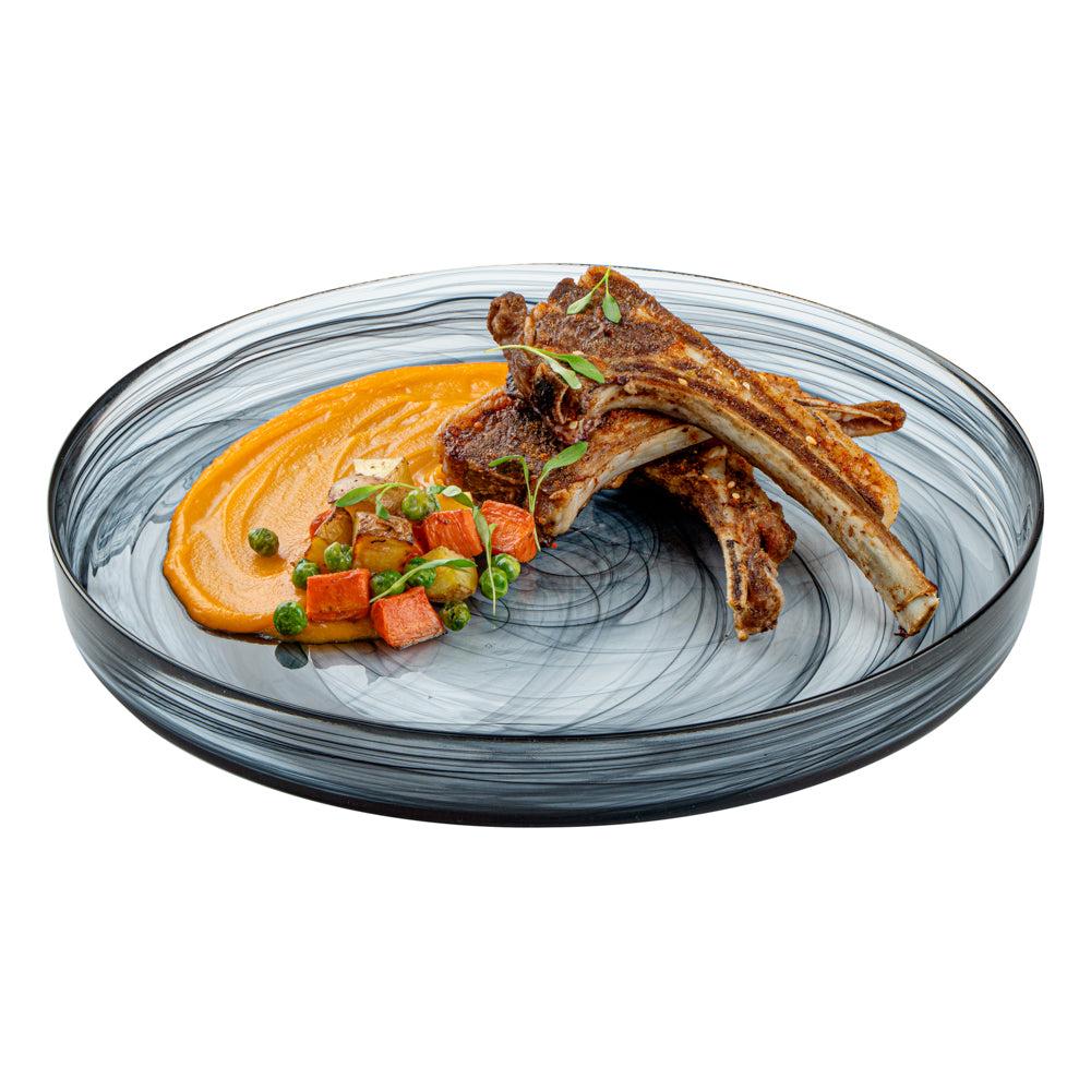 restaurantware Vetri Round Black Glass Alabaster Plate - 11" x 11" x 1 1/4" - 6 count box