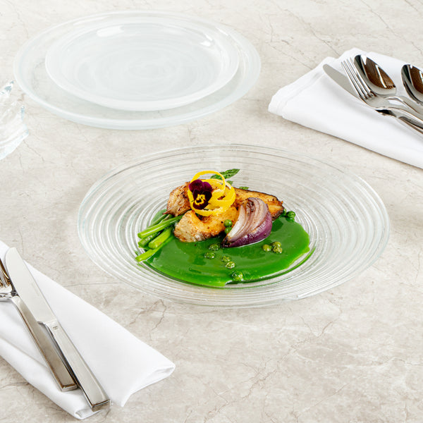 Restaurantware Vetri Round Clear Glass Swirl Plate - 11 3/4" X 11 3/4" X 1 1/4" - 6 Count Box