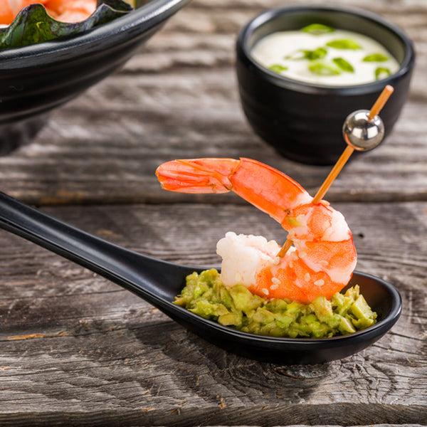 Restaurantware Voga 1 Oz Black Melamine Tasting Spoon - Japonais Curva - 5 3/4" X 1 1/2" X 1" - 10 Count Box