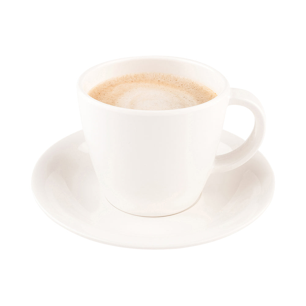 restaurantware Voga 10 oz Round White Melamine Coffee Cup and Saucer Plate - 10 sets - 6" x 6" x 3" - 10 count box