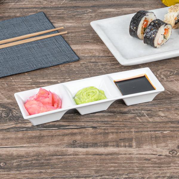 Restaurantware Voga 5 Oz Square White Melamine Triplets Set - 8 3/4" X 2 3/4" X 1" - 10 Count Box