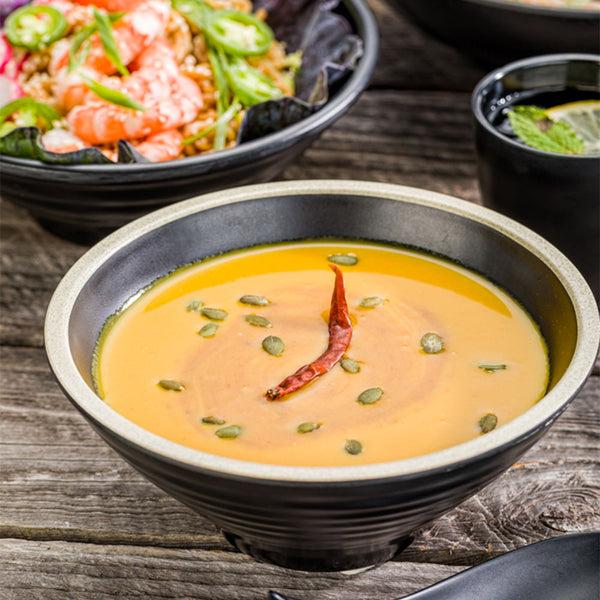 Restaurantware Voga 53 Oz Black Melamine Rippled Bowl - Japonais Faux Granite Rim - 7 1/4" X 7 1/4" X 3" - 2 Count Box