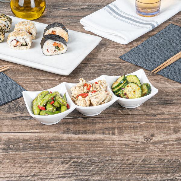 Restaurantware Voga 9 Oz Square White Melamine Triplets Set - 9 1/2" X 3 1/4" X 1 3/4" - 10 Count Box