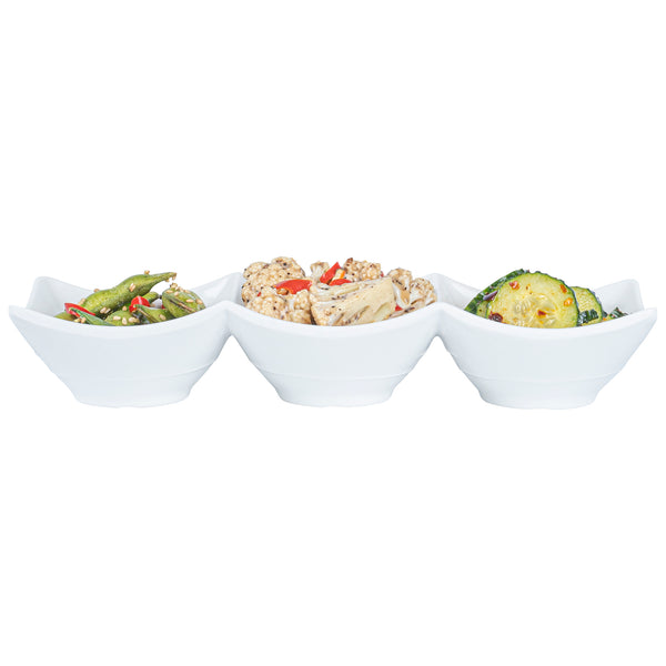 Restaurantware Voga 9 Oz Square White Melamine Triplets Set - 9 1/2" X 3 1/4" X 1 3/4" - 10 Count Box