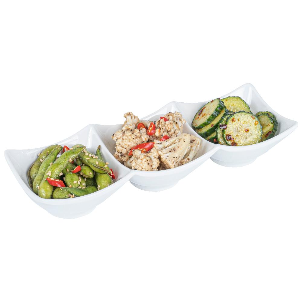 restaurantware Voga 9 oz Square White Melamine Triplets Set - 9 1/2" x 3 1/4" x 1 3/4" - 10 count box