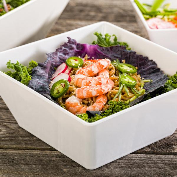 Restaurantware Voga 96 Oz Square White Melamine Serving Bowl - Classic - 9 1/2" X 9 1/2" X 4" - 6 Count Box