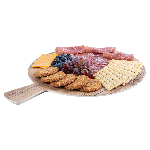 Restaurantware Voga Countryside Round Brown Melamine Serving Board - Faux Wood With Handle - 16 1/2" X 12 1/2" X 1/2" - 1 Count Box