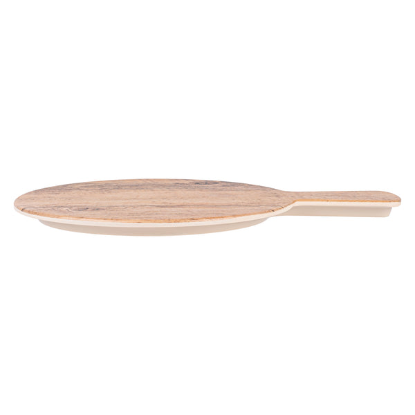Restaurantware Voga Countryside Round Brown Melamine Serving Board - Faux Wood With Handle - 12 1/2" X 9" X 1/2" - 1 Count Box