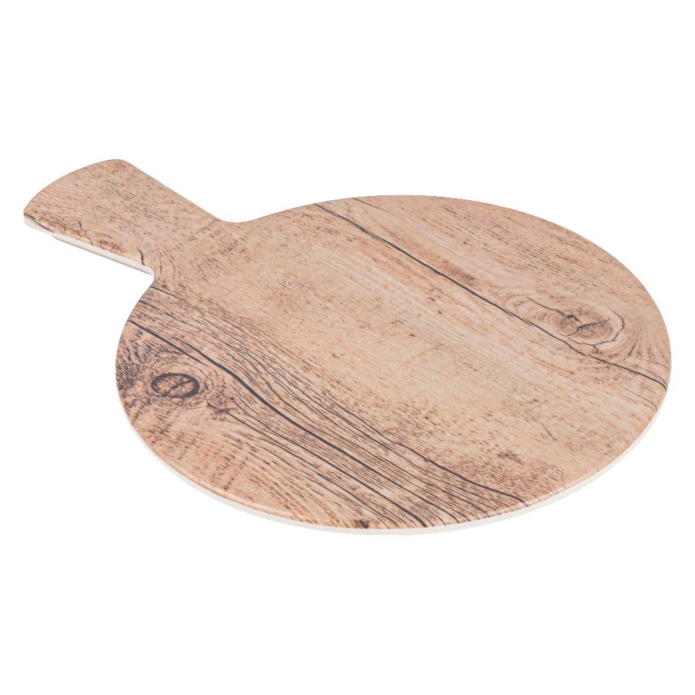 restaurantware Voga Countryside Round Brown Melamine Serving Board - Faux Wood with Handle - 12 1/2" x 9" x 1/2" - 1 count box