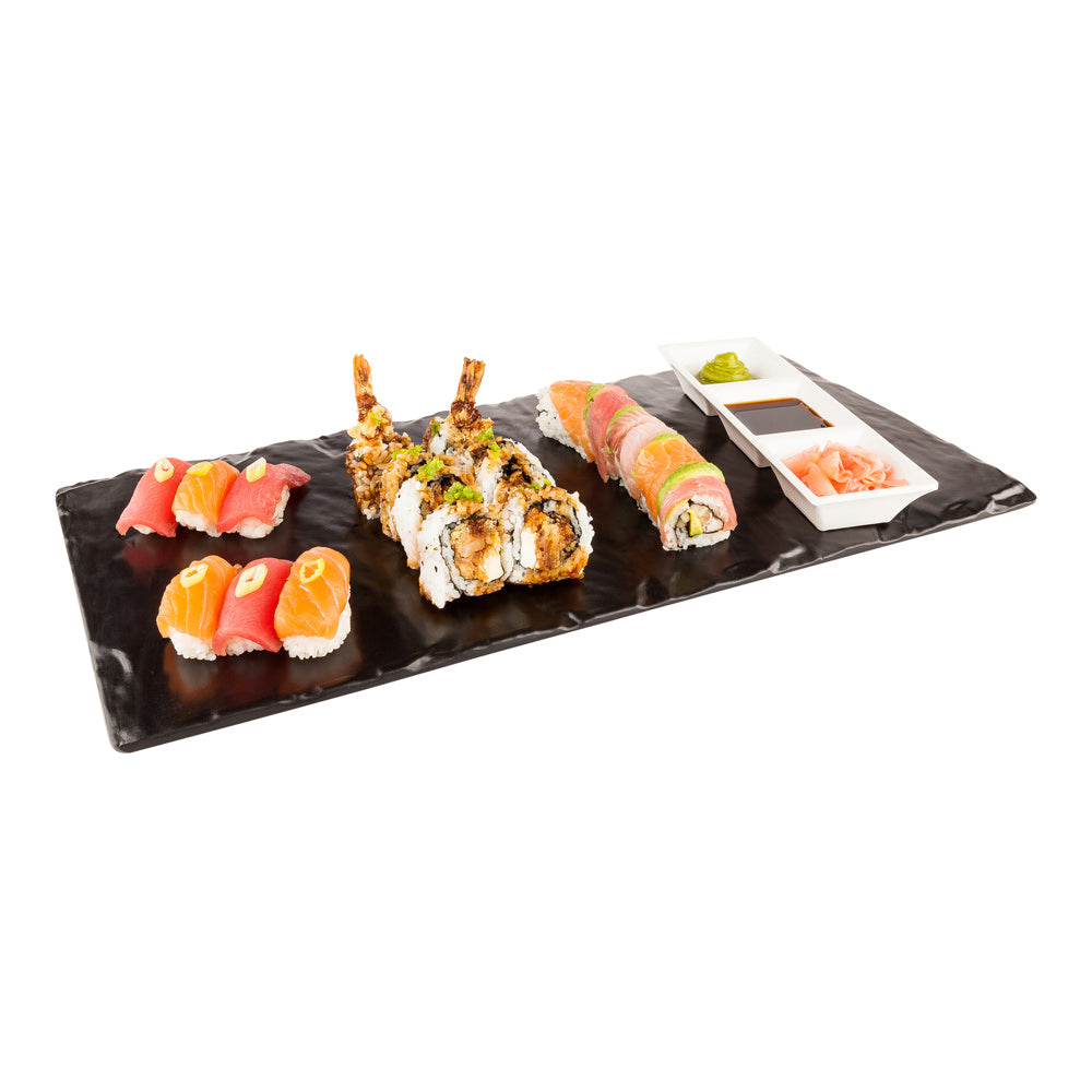 restaurantware Voga Rectangle Black Melamine Plate - Japonais Slate - 10" x 20" x 3/4" - 4 count box