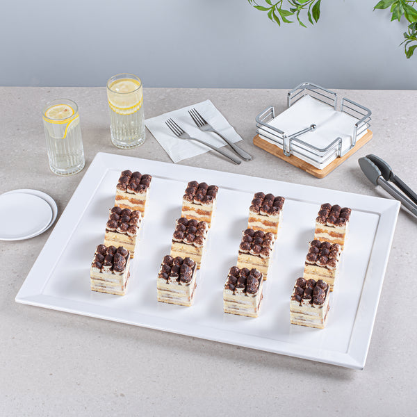 Restaurantware Voga Rectangle White Melamine Extra Large Serving Tray - Classic - 25 1/2" X 17 3/4" X 1" - 1 Count Box