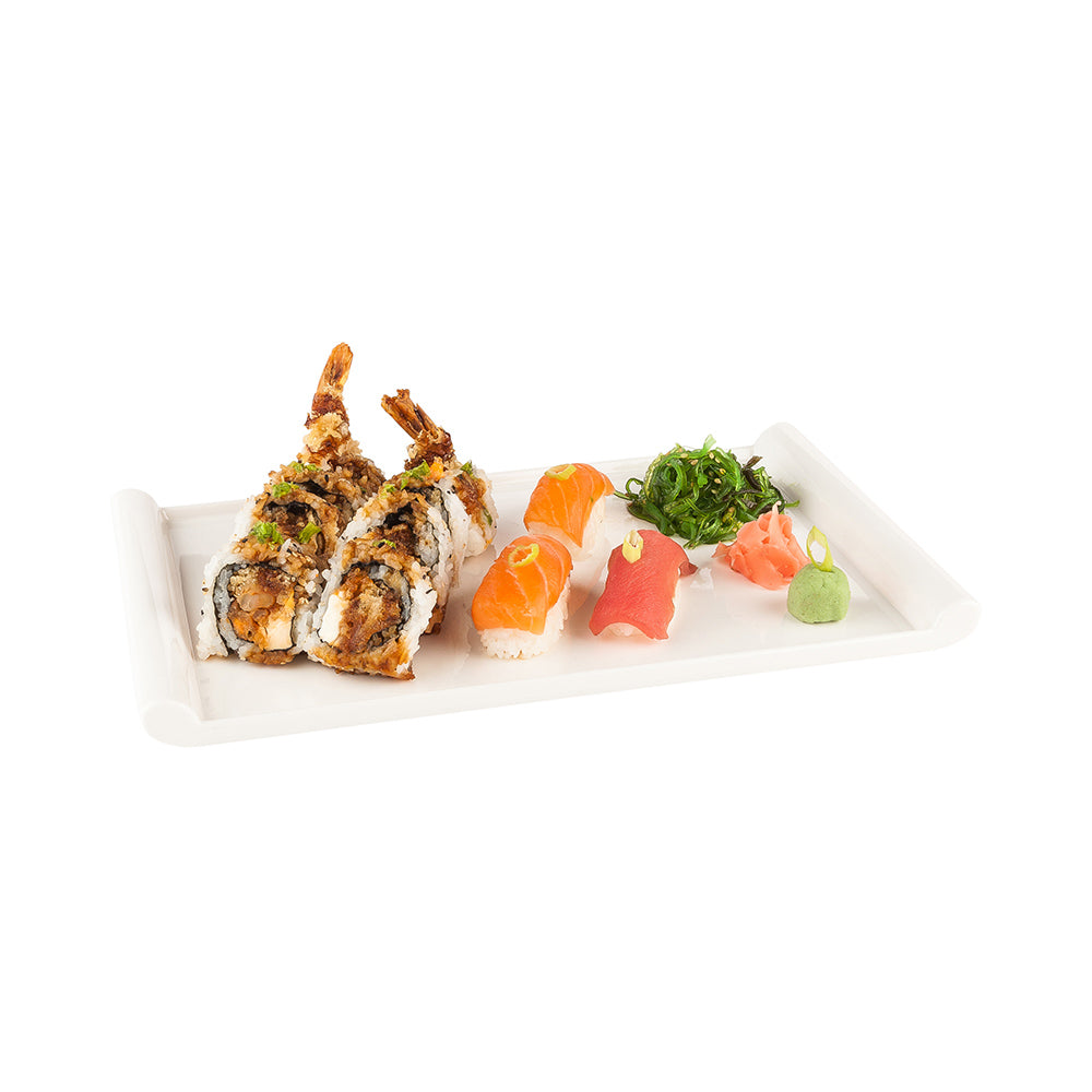 restaurantware Voga Rectangle White Melamine Large Plate - Japonais - 14" x 8 1/4" x 1" - 10 count box