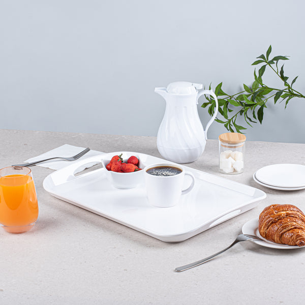 Restaurantware Voga Rectangle White Melamine Serving Tray - With Handles - 18" X 12 1/2" X 1 3/4" - 1 Count Box