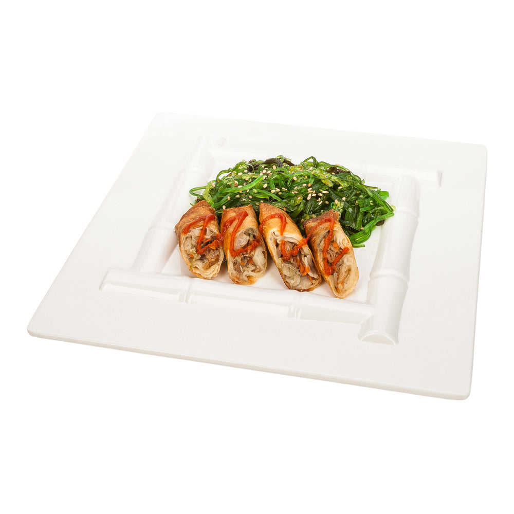 restaurantware Voga Square White Melamine Plate - Bamboo Trim - 12" x 12" x 1" - 10 count box