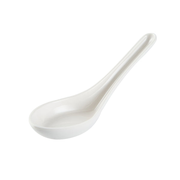 Restaurantware Voga White Melamine Asian Soup Spoon - 4 3/4" X 1 1/2" X 1 1/2" - 10 Count Box