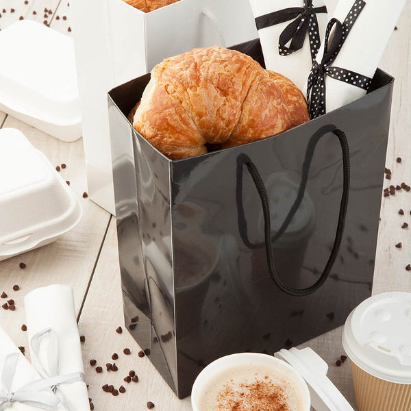 Restaurantware Vogue Rectangle Black Paper Extra Large Shopping And Take Out Bag - Glossy Rope Handles - 12 1/2" X 5" X 10" - 10 Count Box