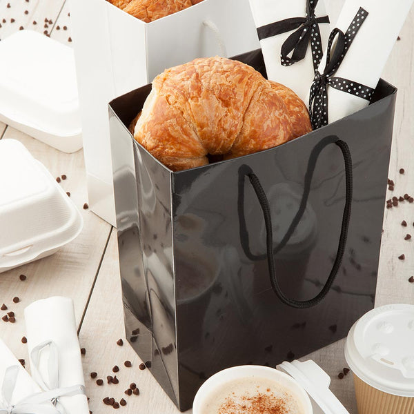 Restaurantware Vogue Rectangle Black Paper Extra Small Shopping And Take Out Bag - Glossy Rope Handles - 5" X 3" X 5 1/2" - 10 Count Box